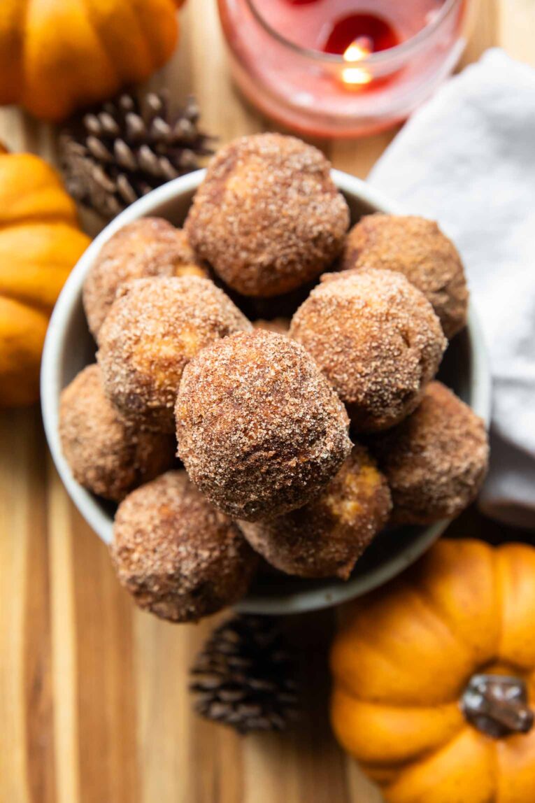 Top view of Pumpkin Donut Bites in a bowl.