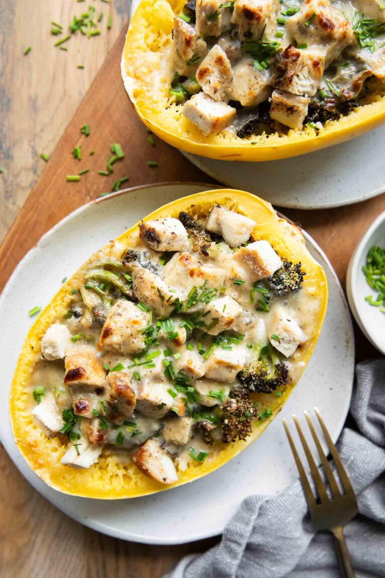 Chicken Alfredo Spaghetti Squash Bake on a plate.