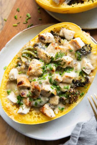 Chicken Alfredo Spaghetti Squash Bake on a plate.