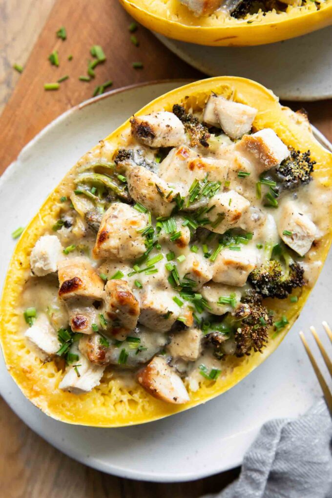 Chicken Alfredo Spaghetti Squash Bake on a plate.