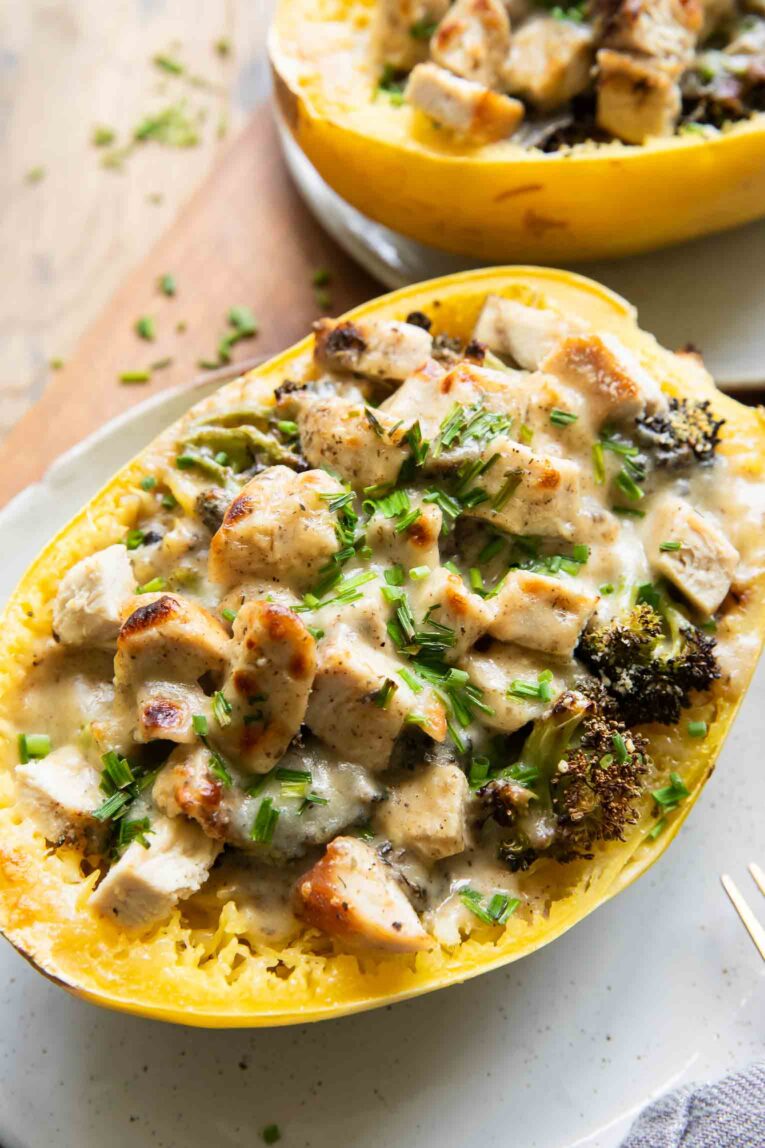 Chicken Alfredo Spaghetti Squash Bake on a plate.