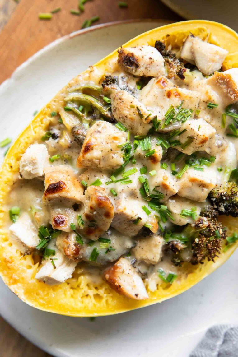 Chicken Alfredo Spaghetti Squash Bake on a plate.