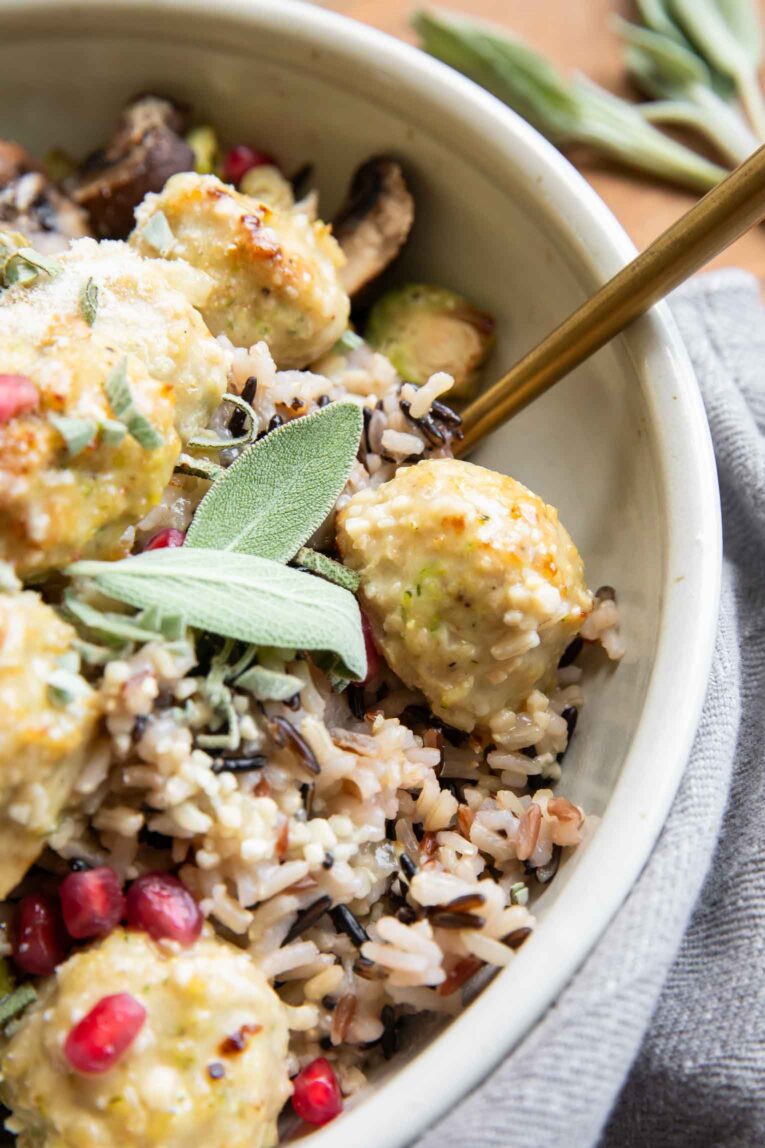 Close up image of Sage Chicken Meatballs in a bowl.