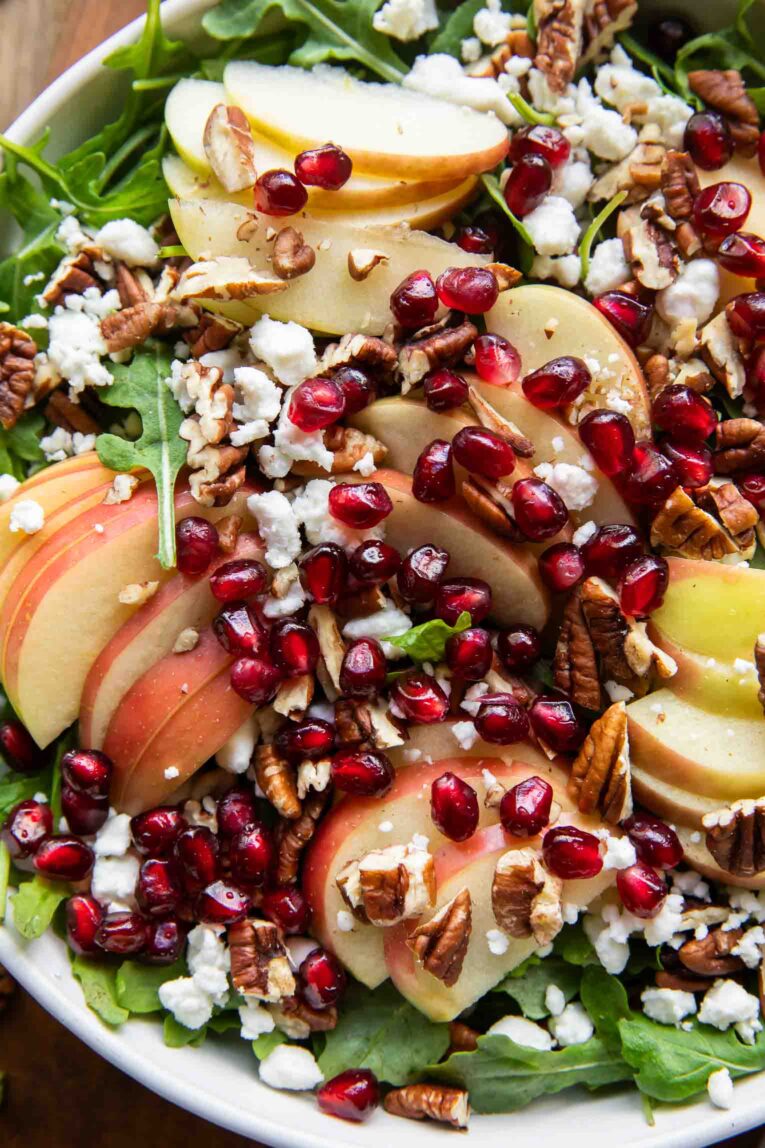 Close up image of Apple Cinnamon Pomegranate Pecan Salad.