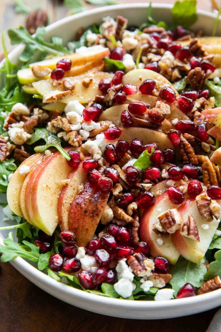 Angled image of Apple Cinnamon Pomegranate Pecan Salad.