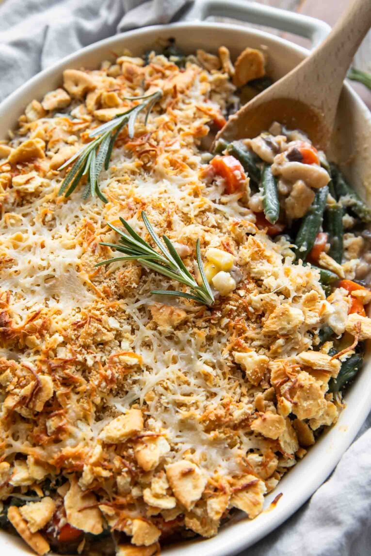 Baked Mixed Vegetable Casserole in a dish.