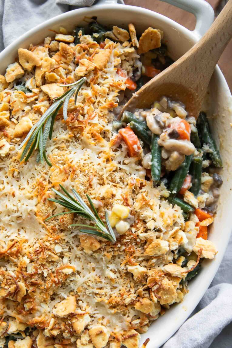 Close up image of Baked Mixed Vegetable Casserole in a dish.