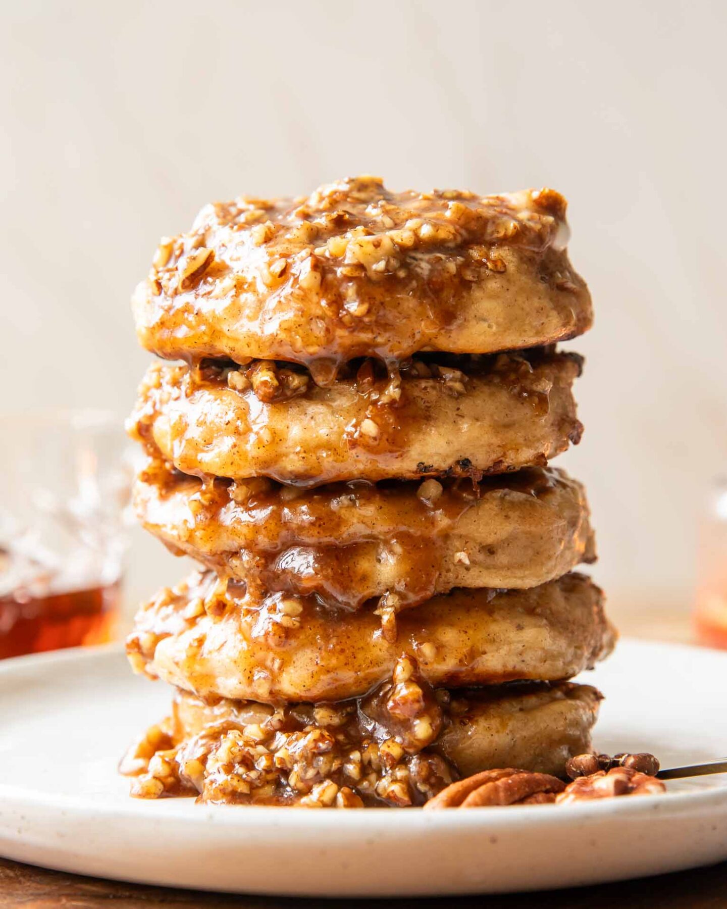 A stack of pecan pie pancakes.
