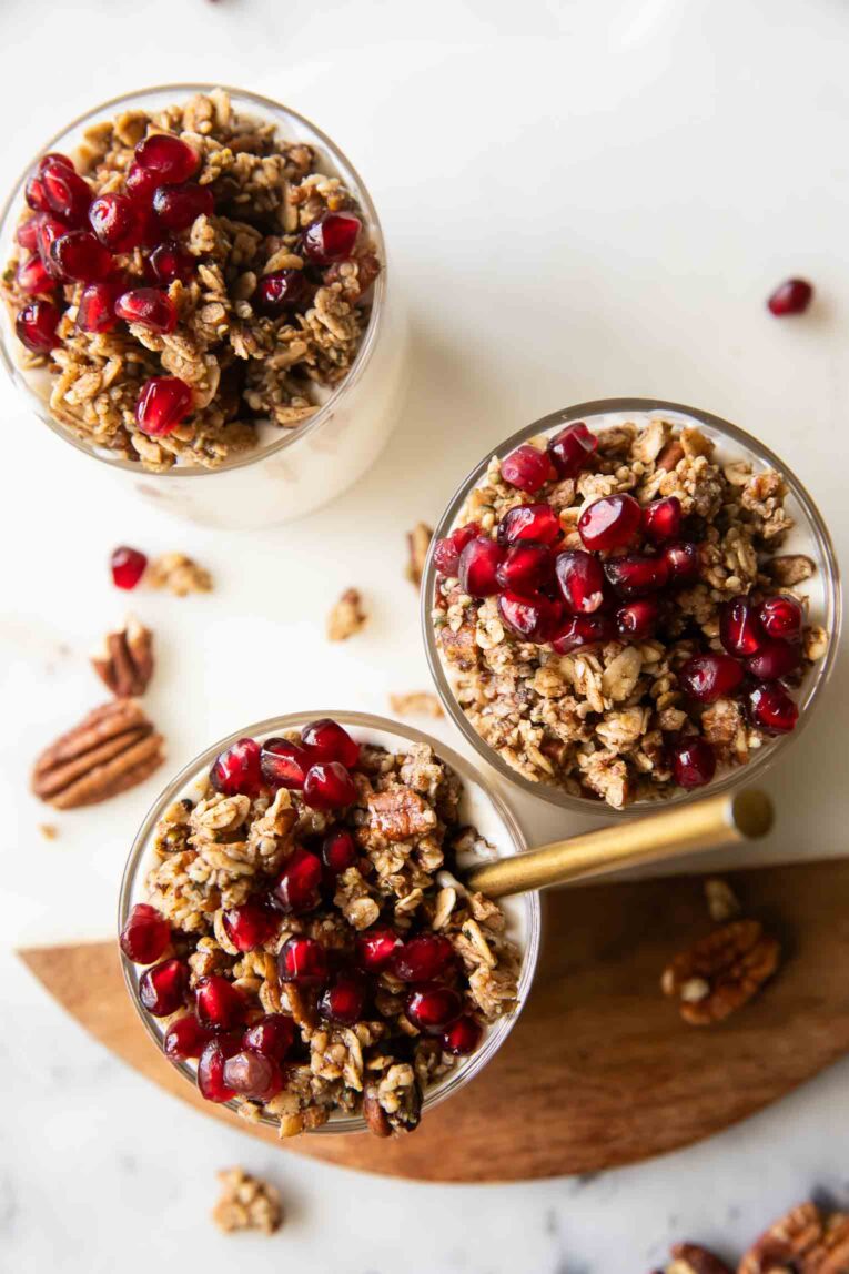 Top image of three Pomegranate Parfaits