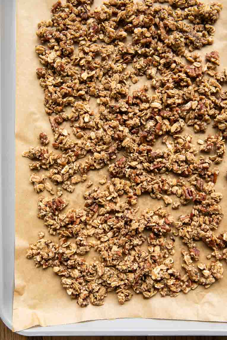 Pecans on a baking sheet.