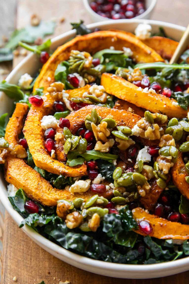 Close up image of Roasted Pumpkin Salad in a bowl.