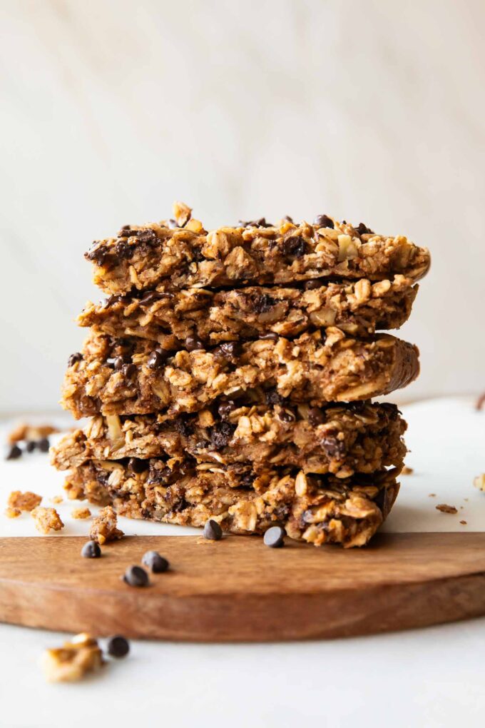 Baked Oatmeal Breakfast Bars stacked on each other.