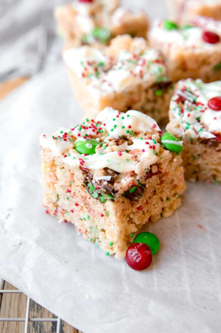 Christmas Rice Krispies on parchment paper.