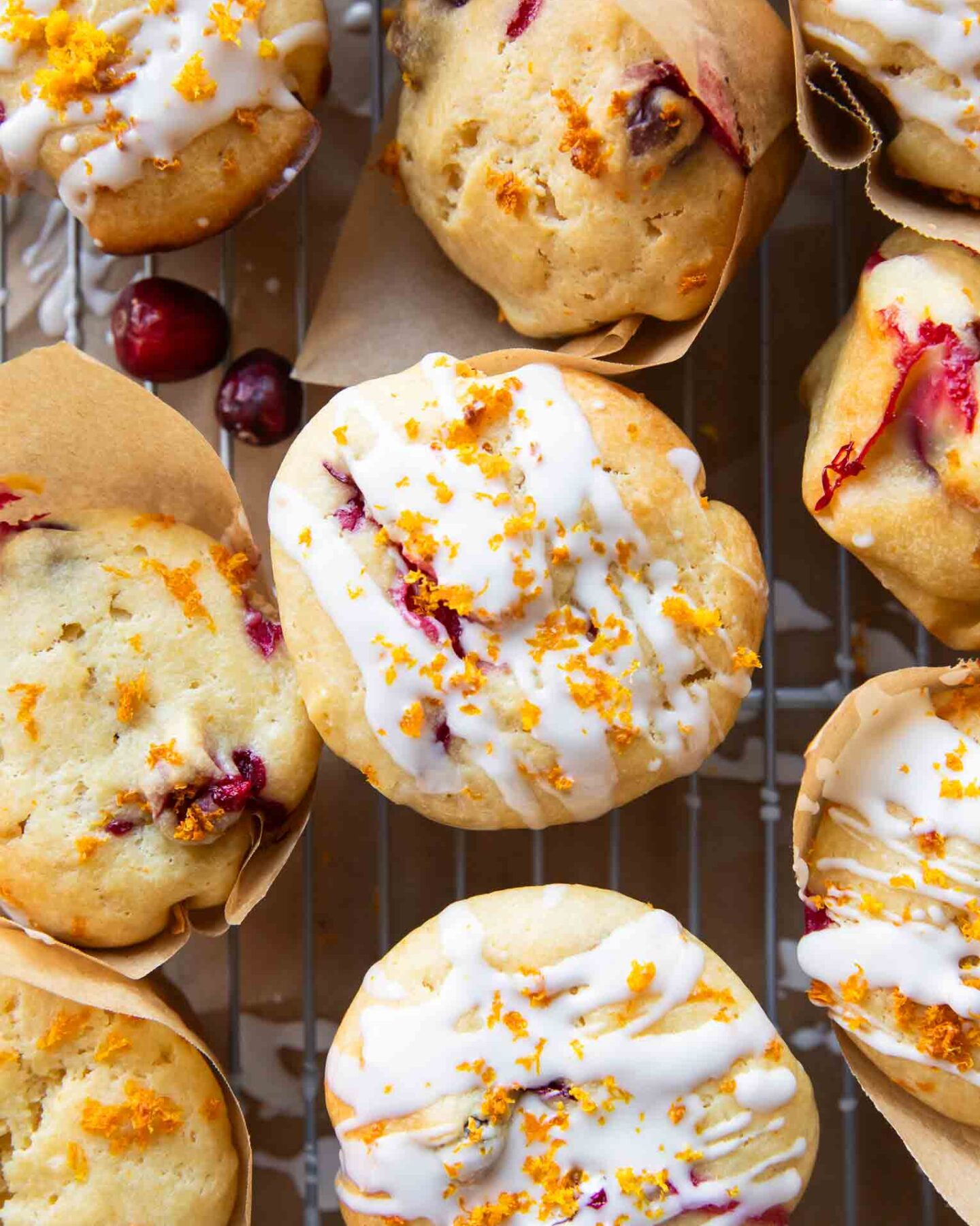 Cranberry Orange Cottage Cheese Muffins on a cooling rack.