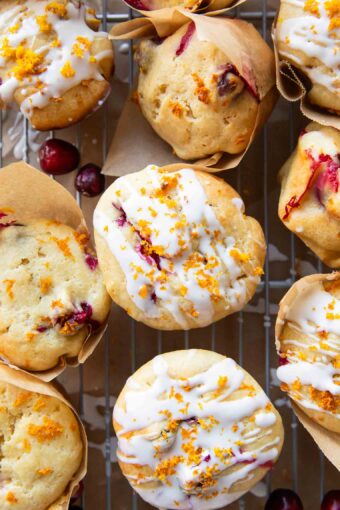 Cranberry Orange Cottage Cheese Muffins on a cooling rack.