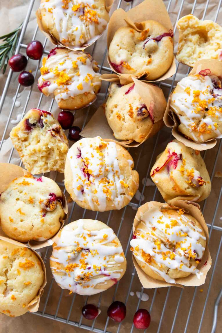 Cranberry Orange Cottage Cheese Muffins on a cooling rack.