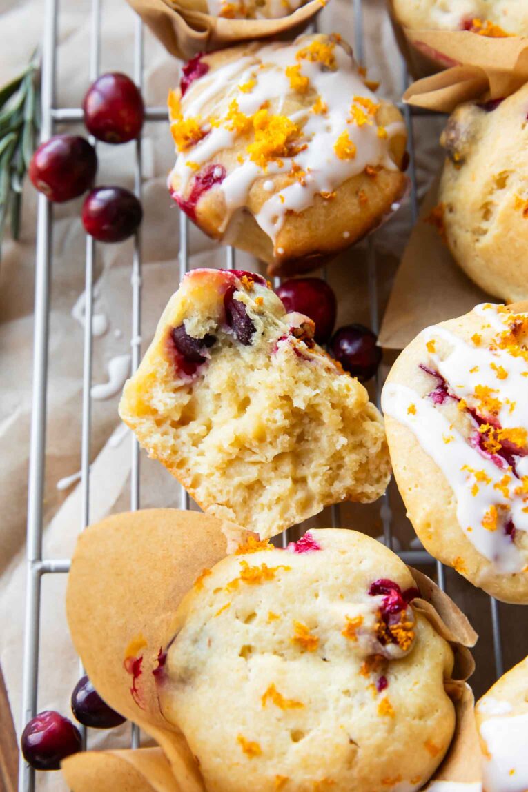 Cranberry Orange Cottage Cheese Muffins on a cooling rack.