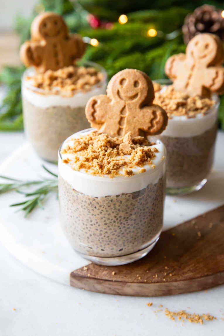 Angled image of Gingerbread Chia Seed Pudding in a glass.