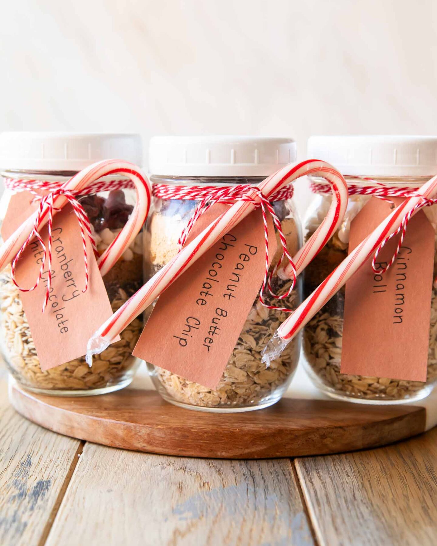 Three Holiday Overnight Oats Mason jar gifts.