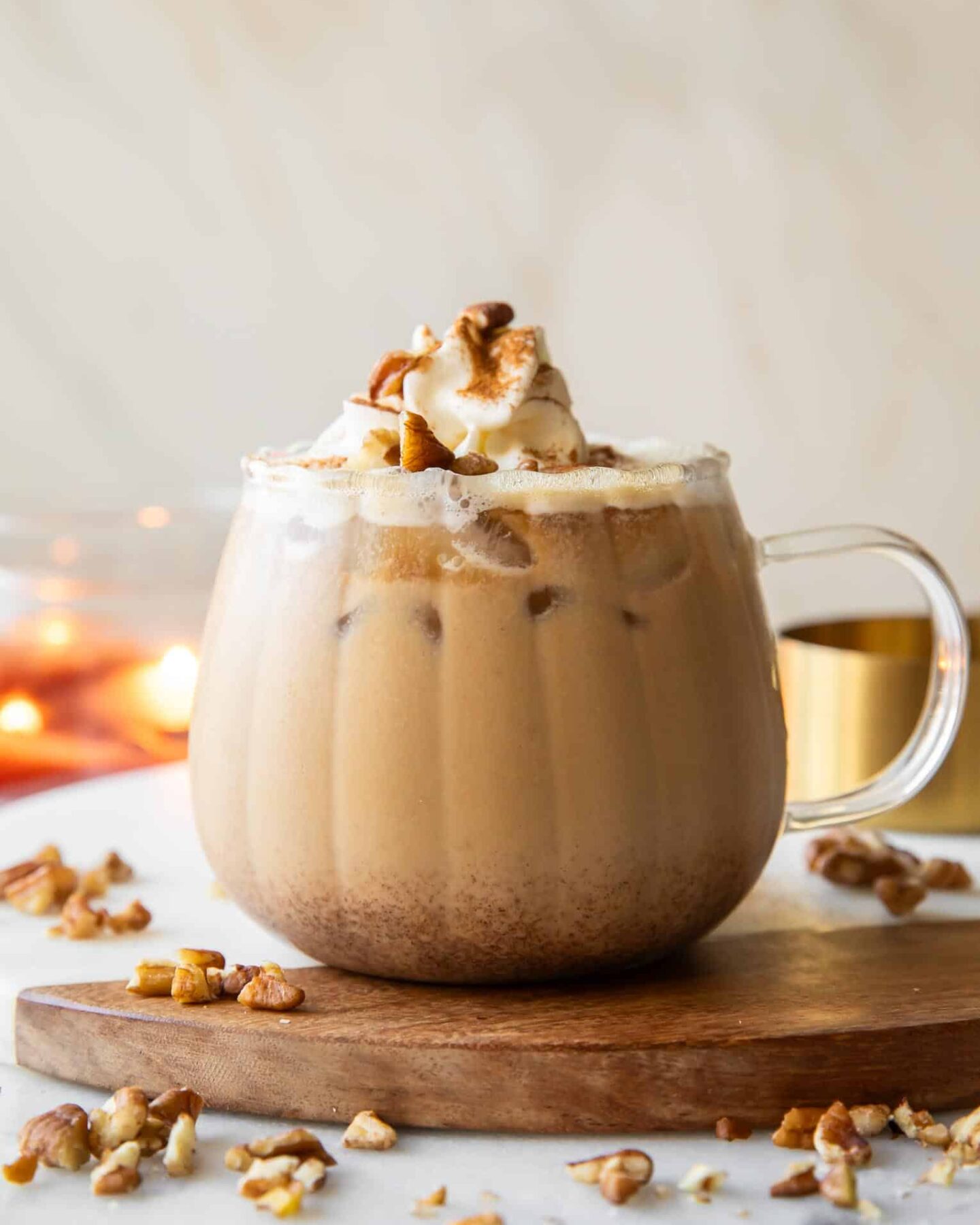 Maple Pecan Latte in a glass mug.