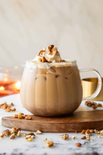 Maple Pecan Latte in a glass mug.