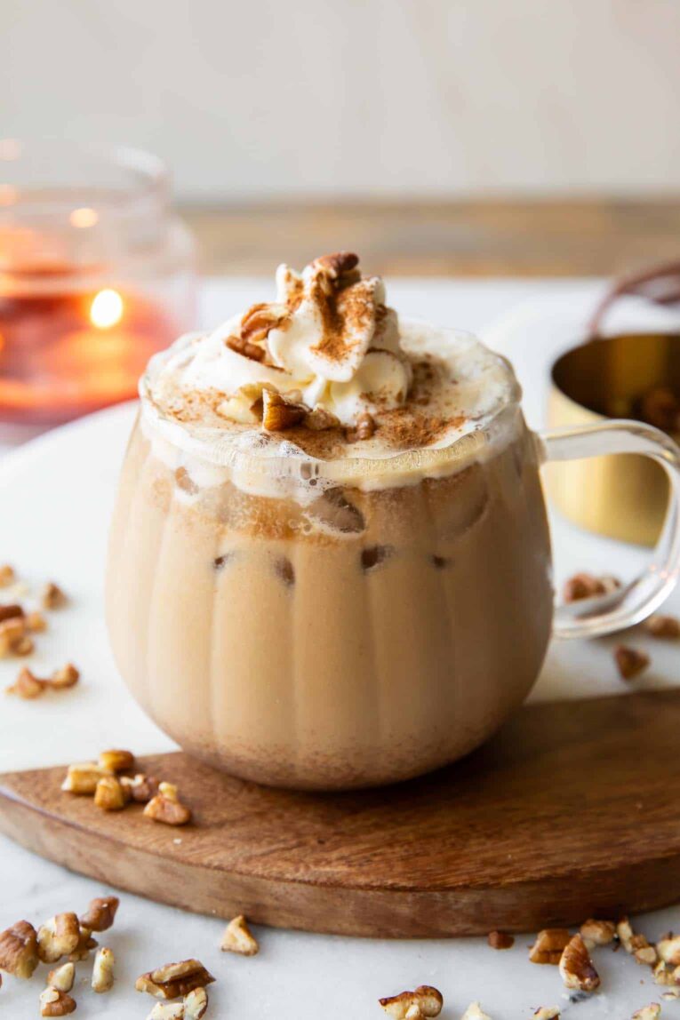 Maple Pecan Latte in a glass mug.