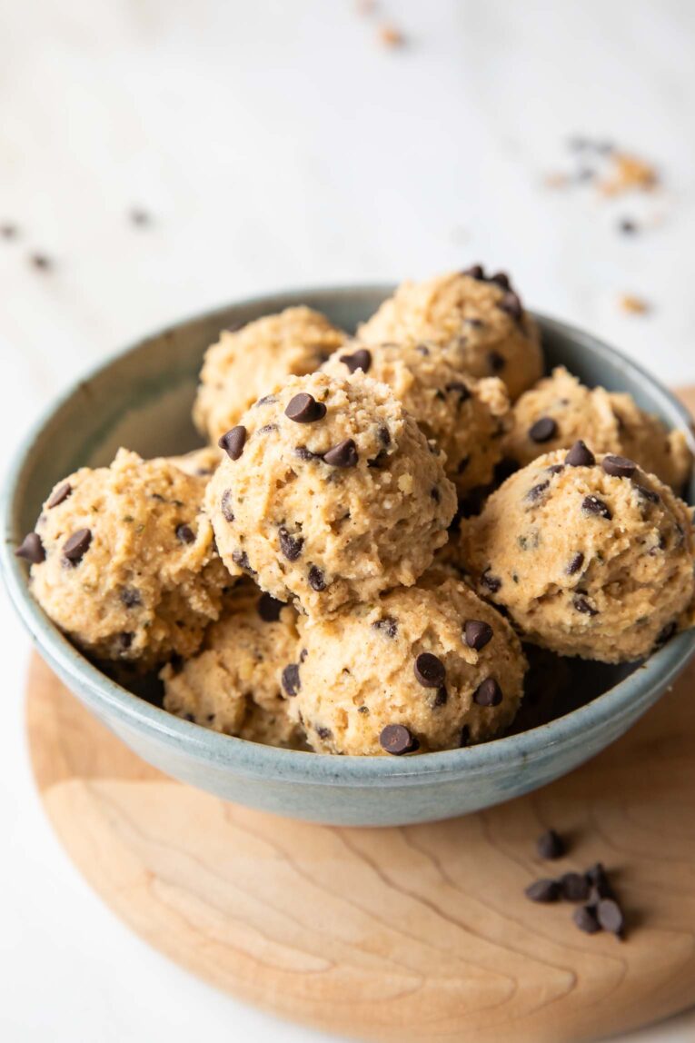 Cookie dough cottage cheese bites in a bowl.