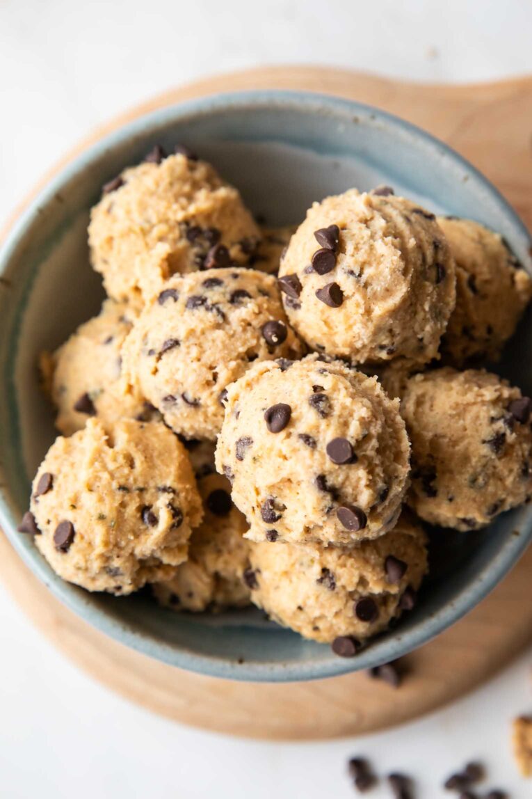 Cookie dough cottage cheese bites in a bowl.