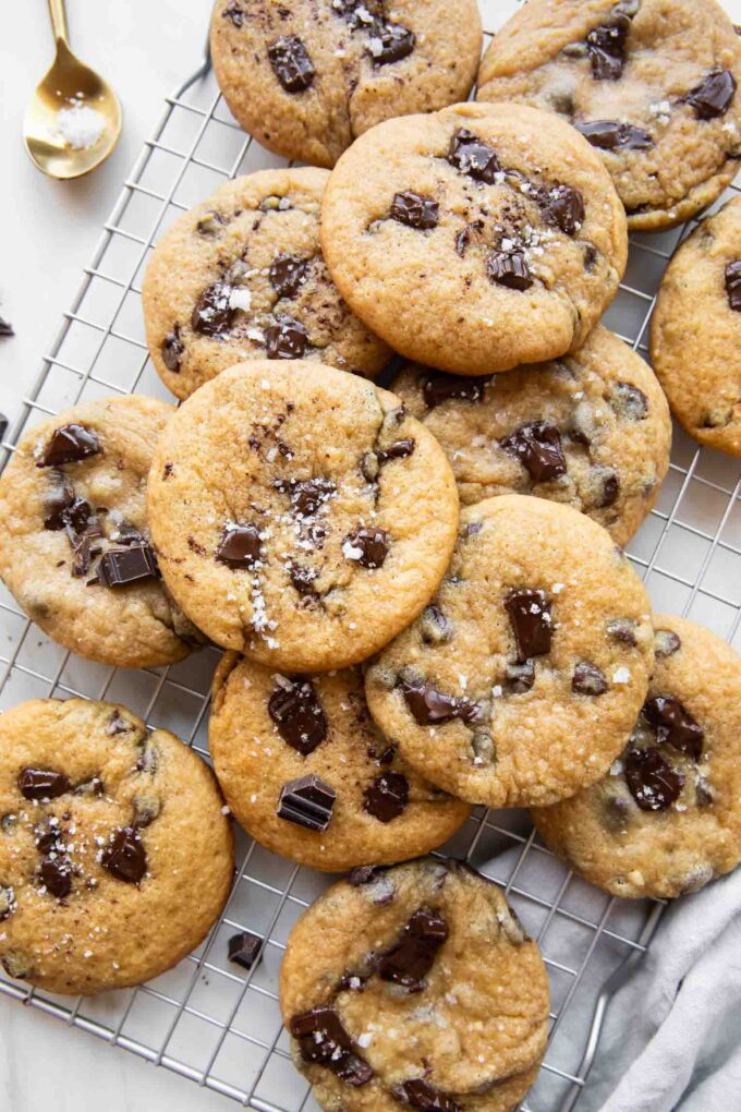 Cottage Cheese Chocolate Chunk Cookies on a cooling rack.