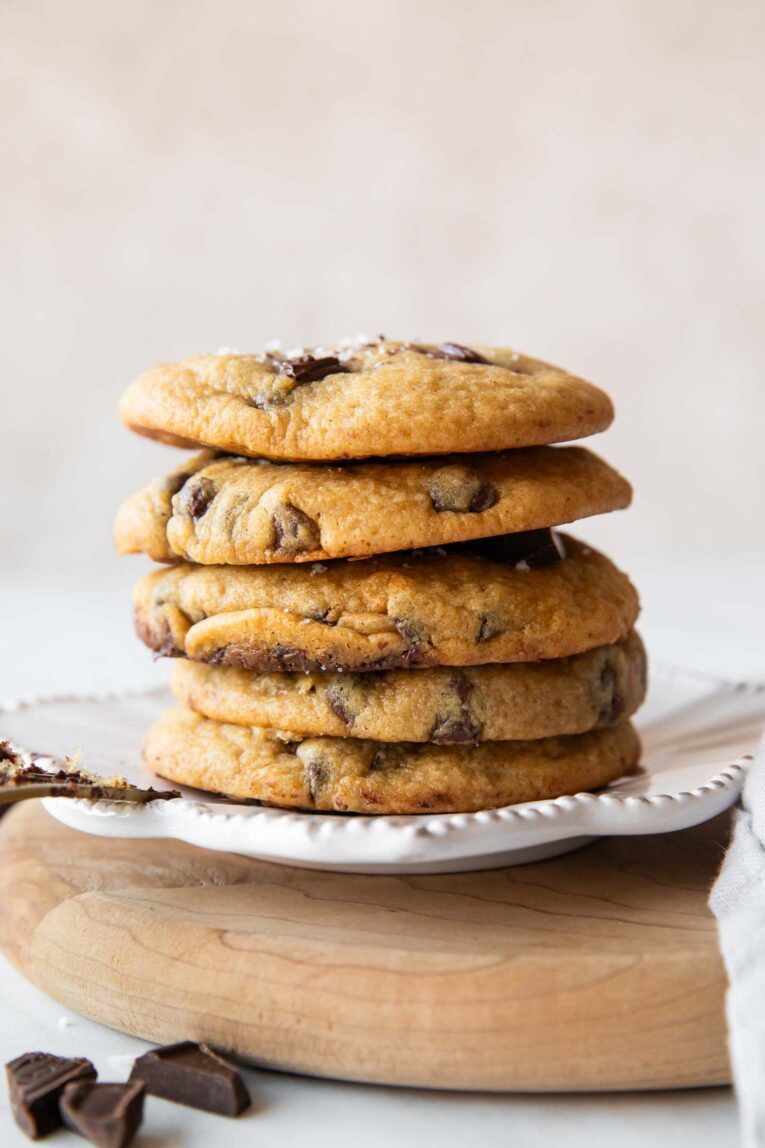 Stack of Cottage Cheese Chocolate Chunk cookies on a plate.