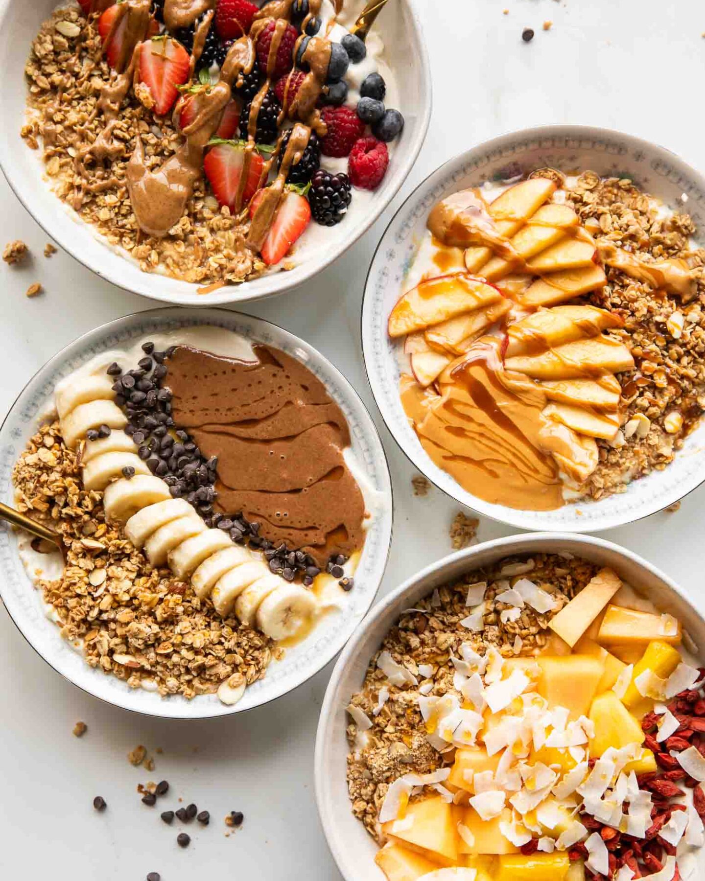 Four Granola Yogurt Bowls.