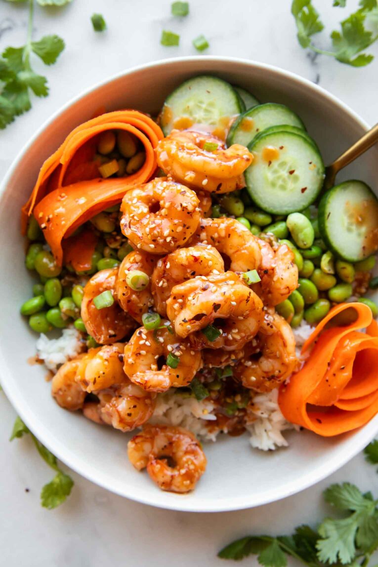 Sticky Garlic Sesame Shrimp in a bowl.