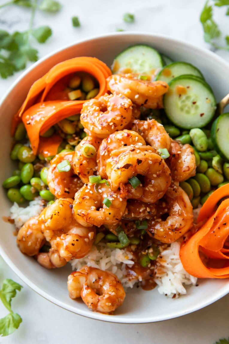 Sticky Garlic Sesame Shrimp in a bowl.