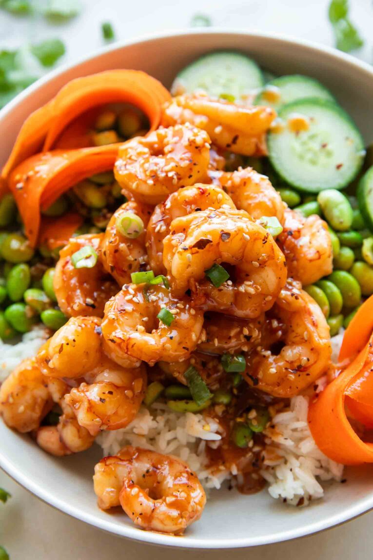 Sticky Garlic Sesame Shrimp in a bowl.