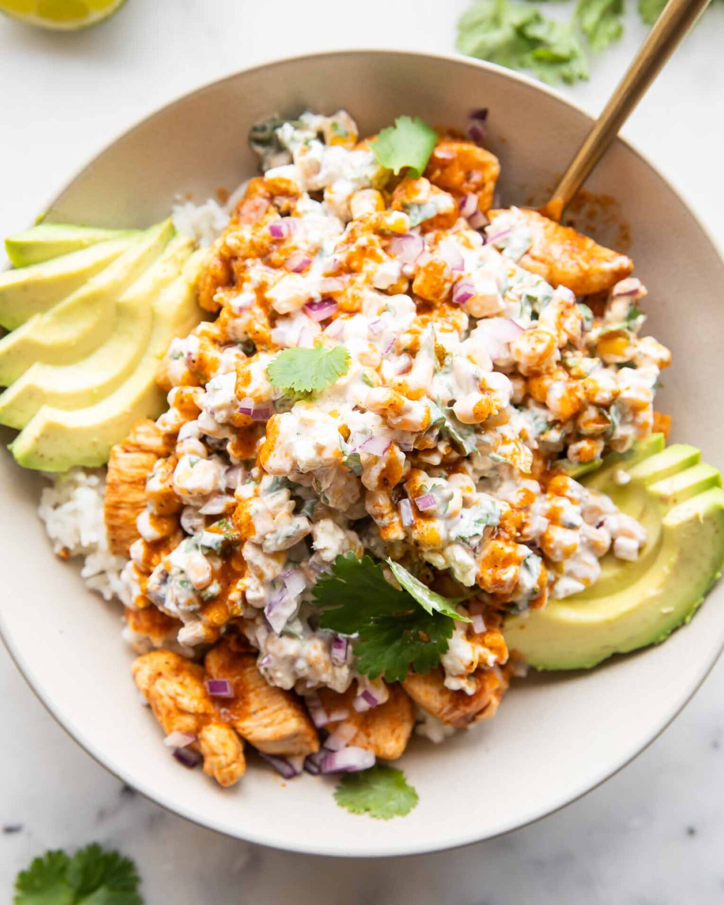 Street corn chicken rice bowl.