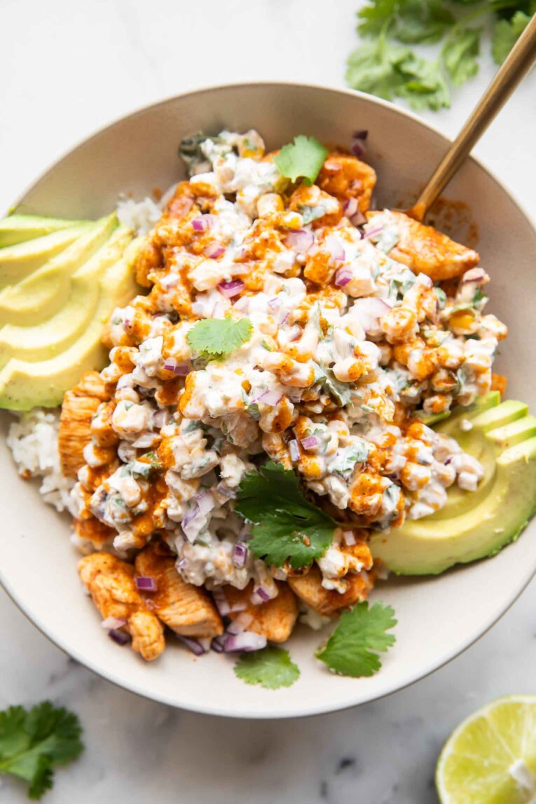 Street corn chicken rice bowl.