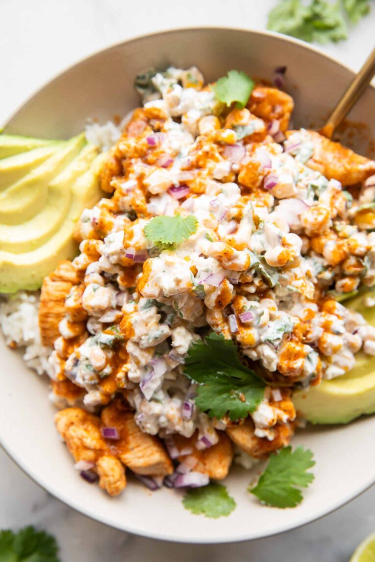 Street corn chicken rice bowl.