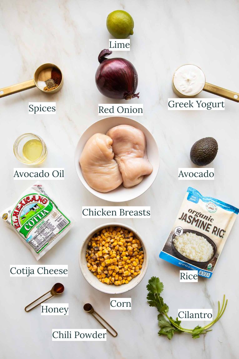 Street corn chicken rice bowl ingredients.