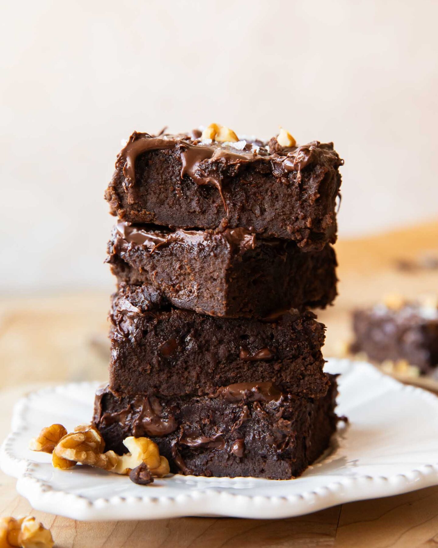 Black bean brownies stacked on top of each other.