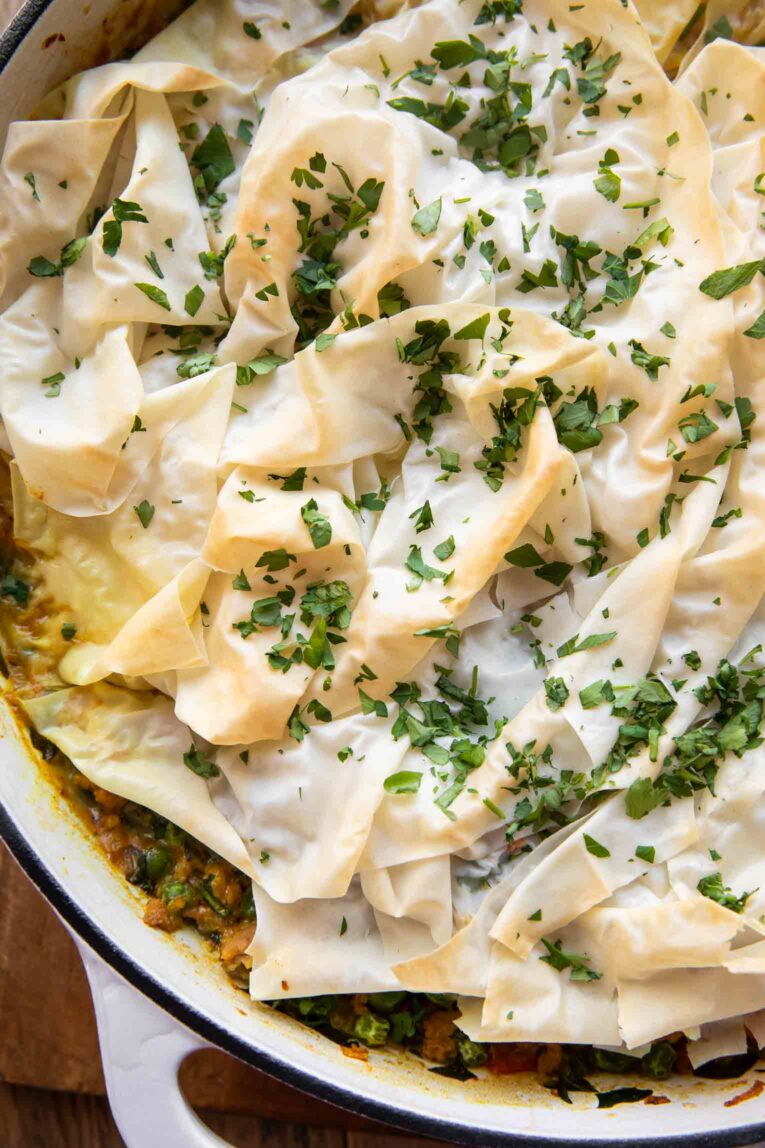 Close up of Phyllo Topped Ground Turkey Casserole.