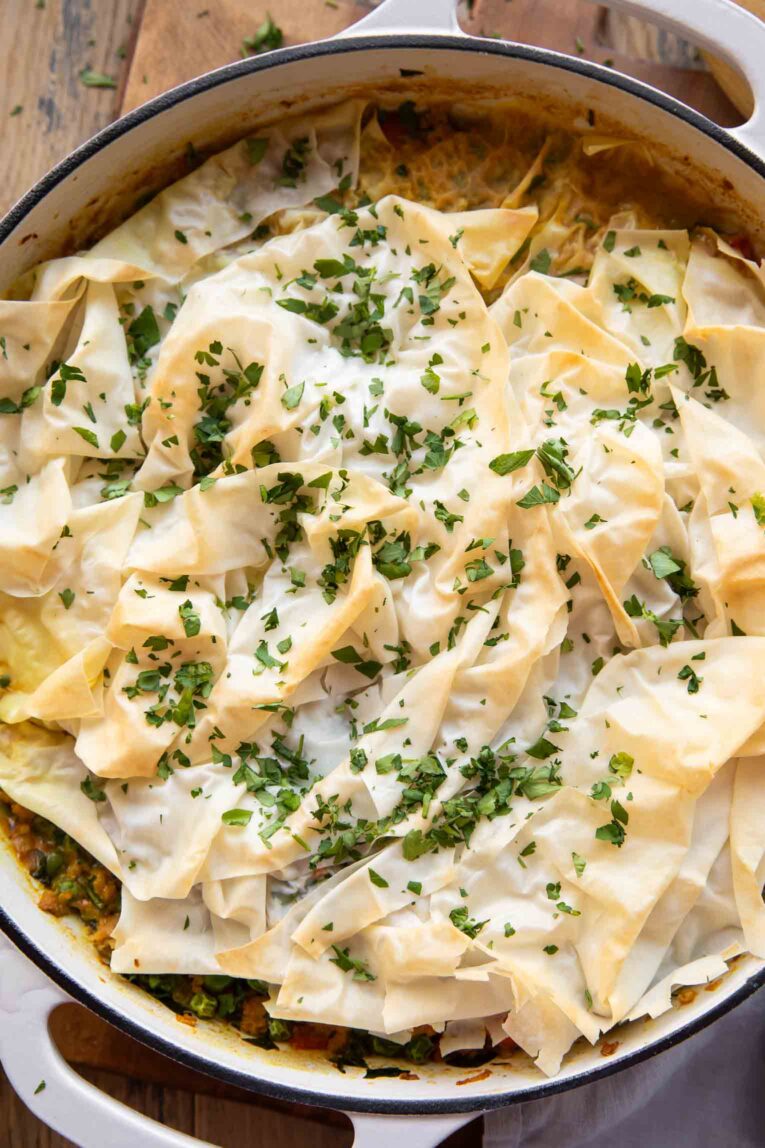 Phyllo Topped Ground Turkey Casserole in a pot.