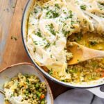 Phyllo Topped Ground Turkey Casserole in a pot and served on a plate.