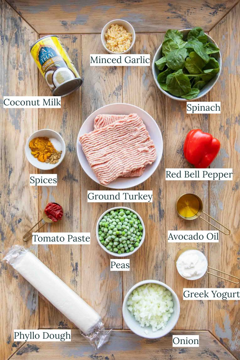 Phyllo Topped Ground Turkey Casserole ingredients.