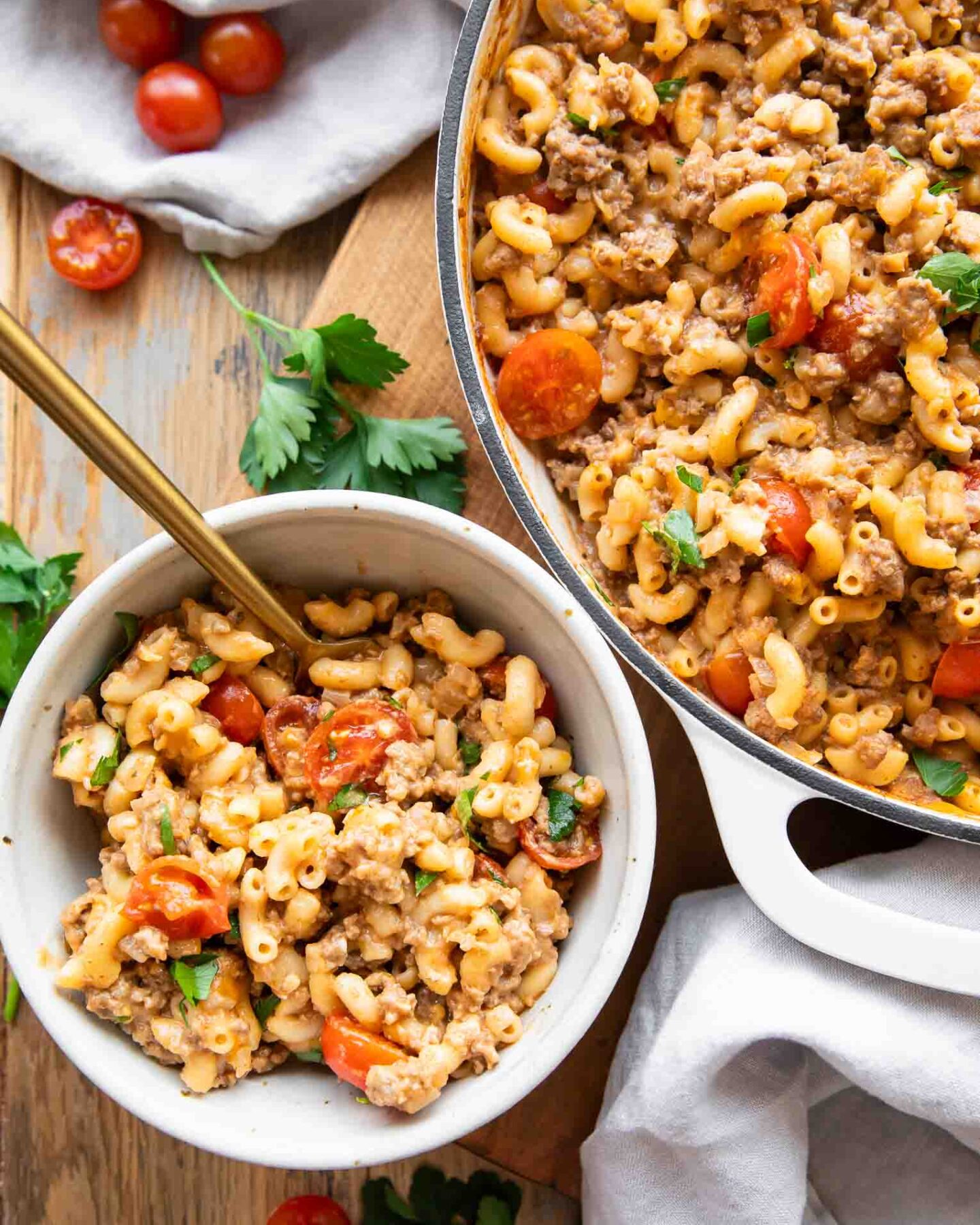 Hamburger helper in a bowl and a skillet.