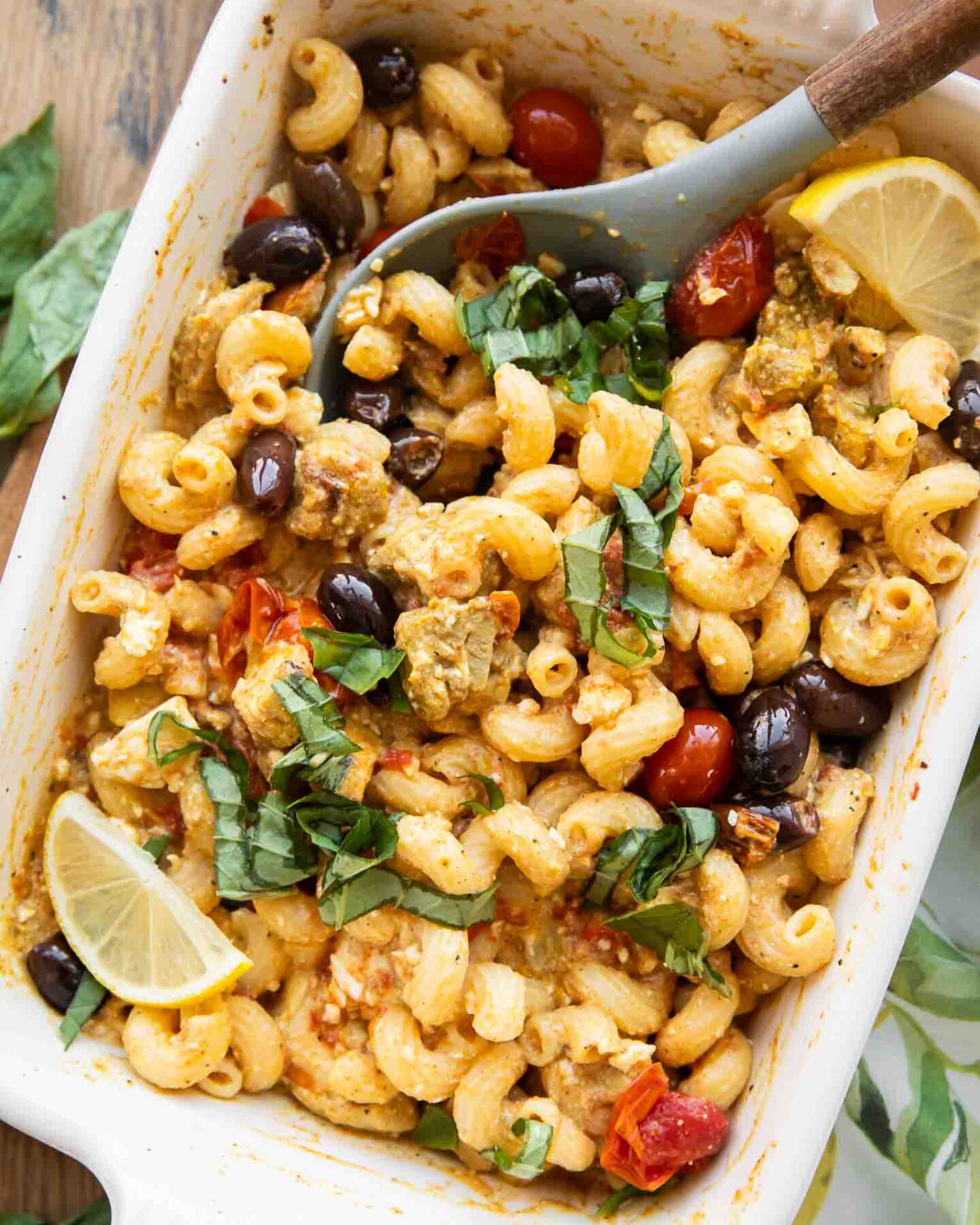 Mediterranean Chicken Feta Pasta in a baking dish.
