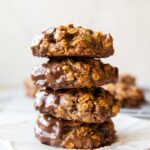 Oatmeal breakfast cookies stacked on top of each other.