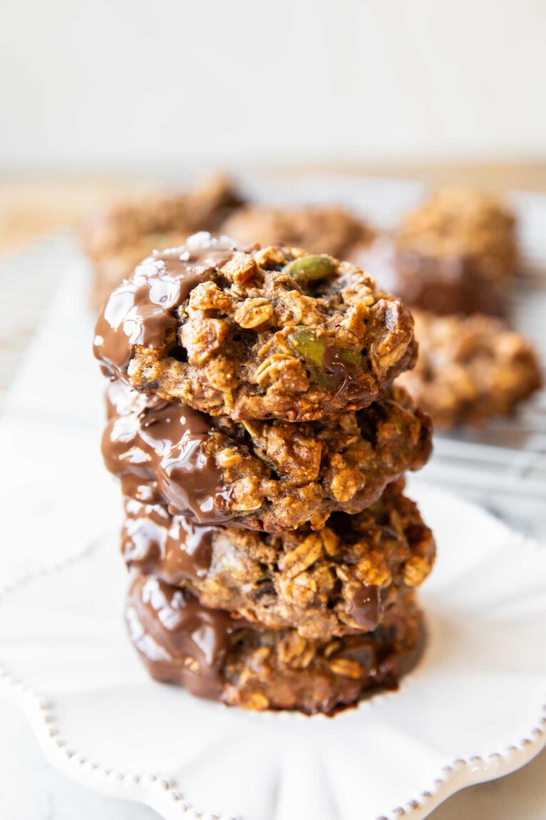 Oatmeal breakfast cookies stacked on top of each other.