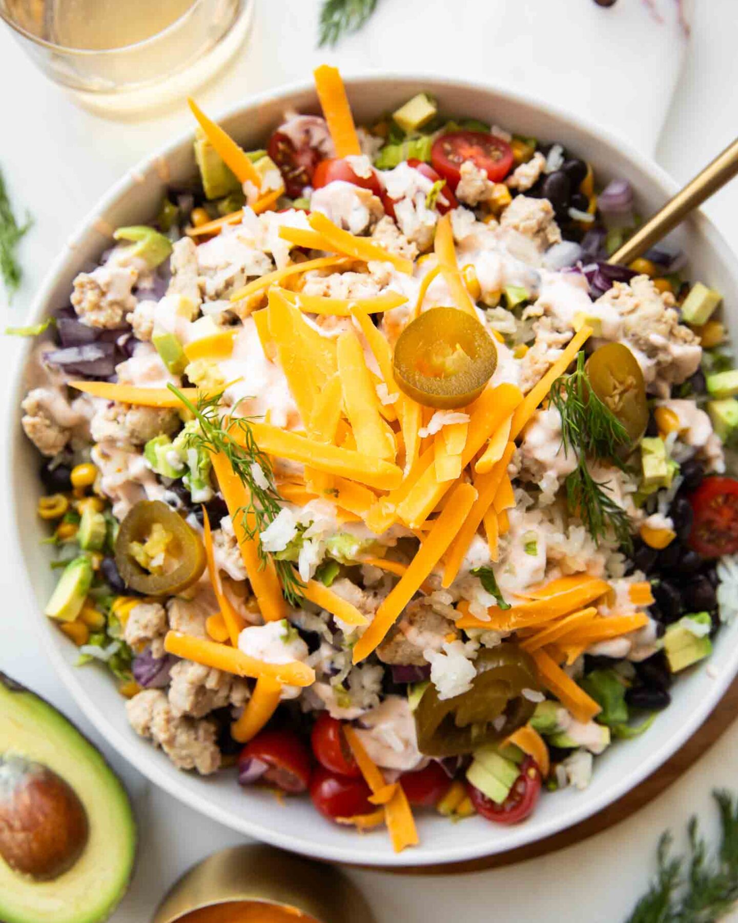 Ranch turkey salad in a bowl.
