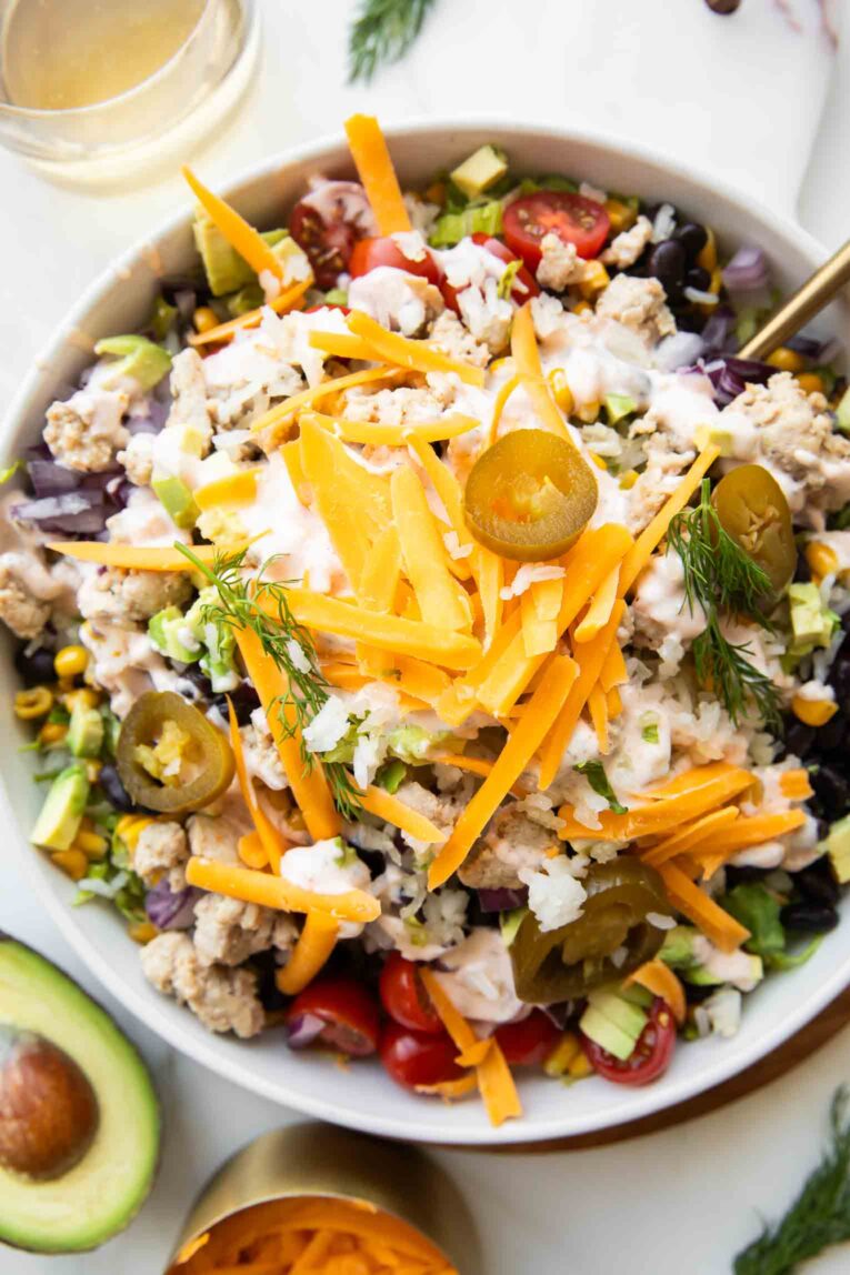 Ranch turkey salad in a bowl.