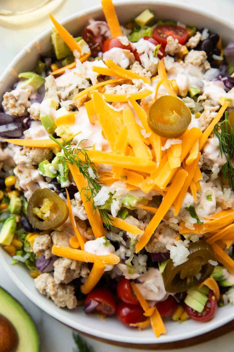Ranch turkey salad in a bowl.